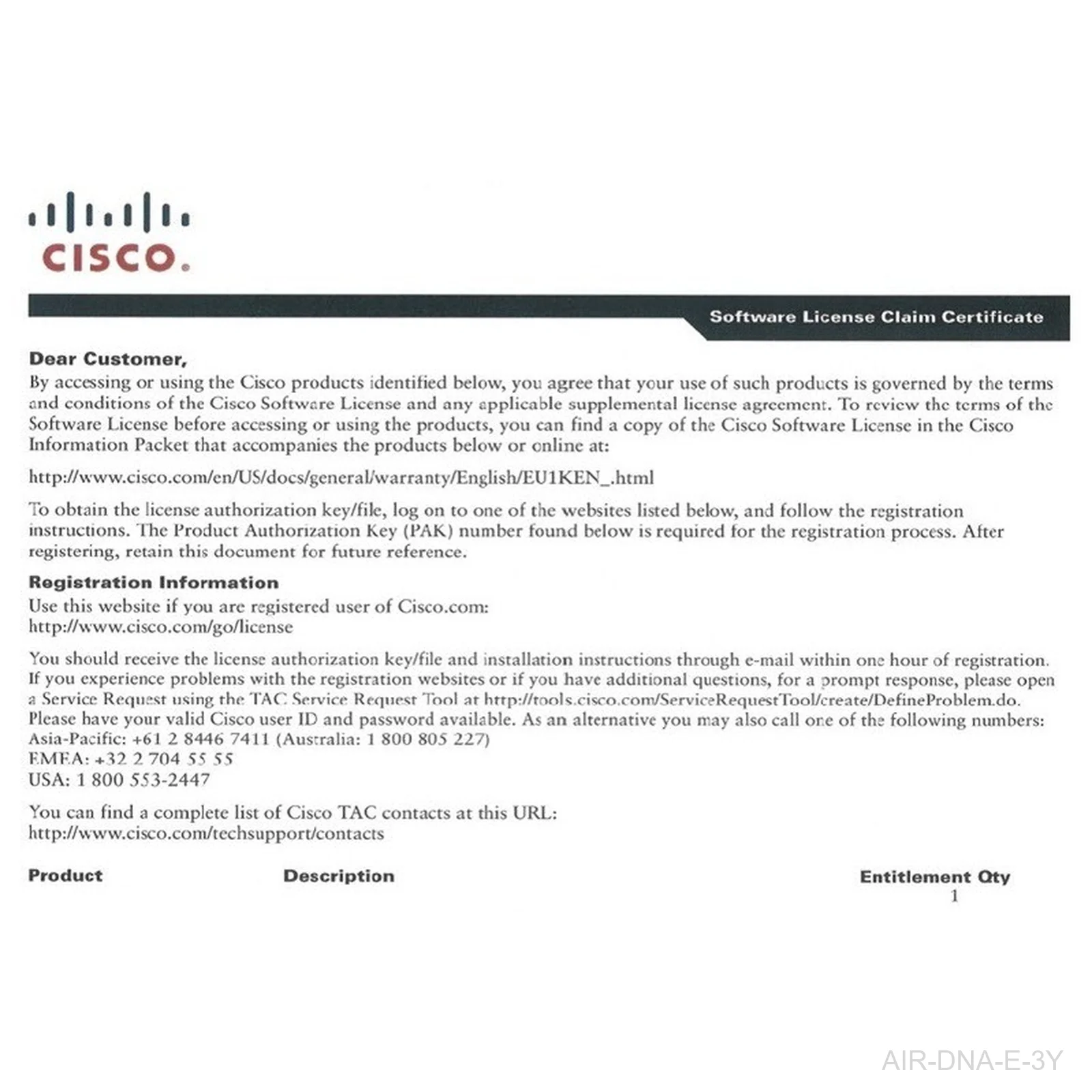 [AIR-DNA-E-3Y] Cisco AIR-DNA-E-3Y Wireless DNA Essentials 3-Year License