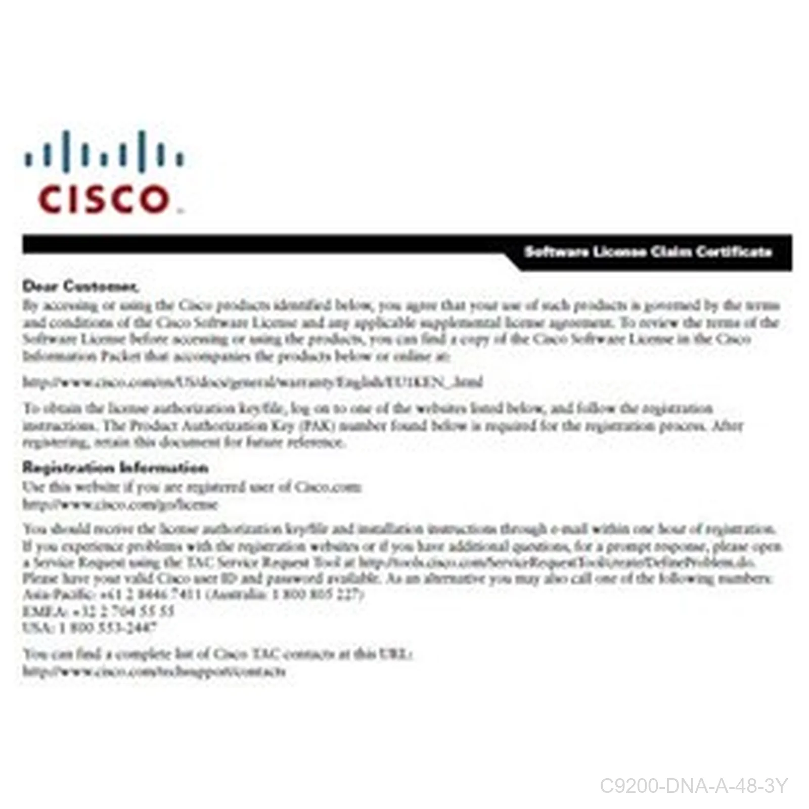 Cisco C9200-DNA-A-48-3Y Catalyst 9200 DNA Advantage 48-Port 3-Year License