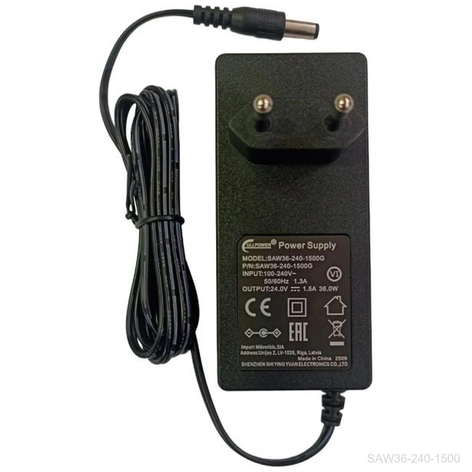 [SAW36-240-1500] Mikrotik, 24V 1.5A 36W power supply, straight DC plug (with EU, US, UK, AU or IN plugs) for L009, RB4011, RB5009 series