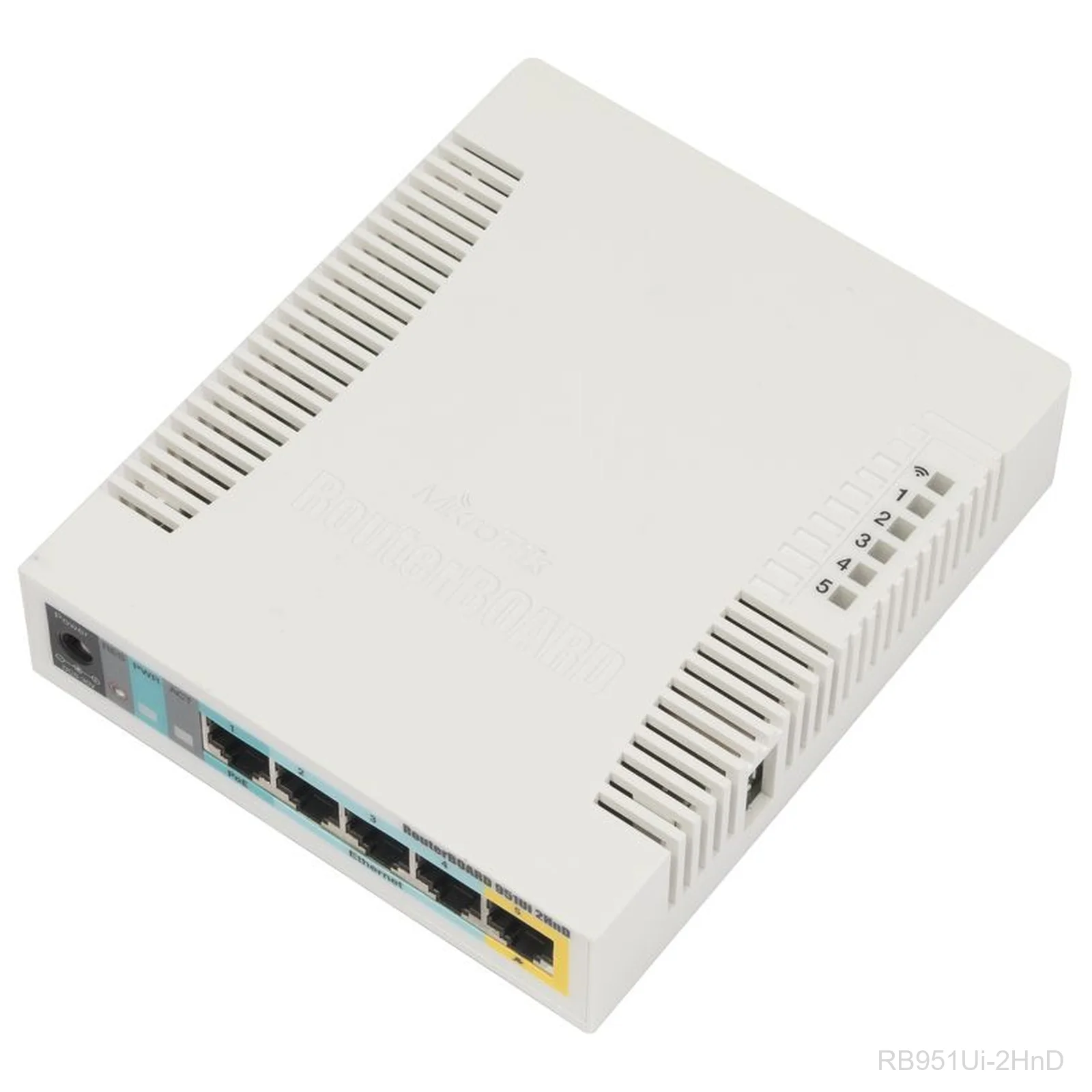 [RB951Ui-2HnD] Mikrotik RB951Ui-2HnD 2.4GHz AP with five Ethernet ports and PoE output on port 5. It has a 600MHz CPU, 128MB RAM and a USB port
