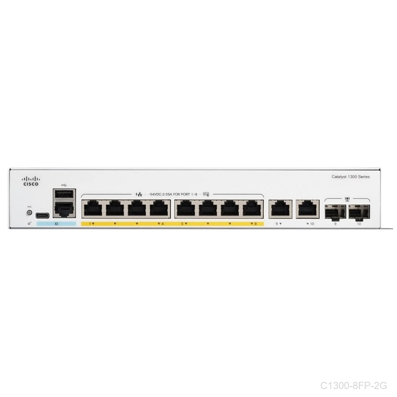 Cisco C1300-8FP-2G, 8 ports Giga POE+ 120W + 2 x 1G SFP and RJ-45 combo uplink ports, Catalyst Switch